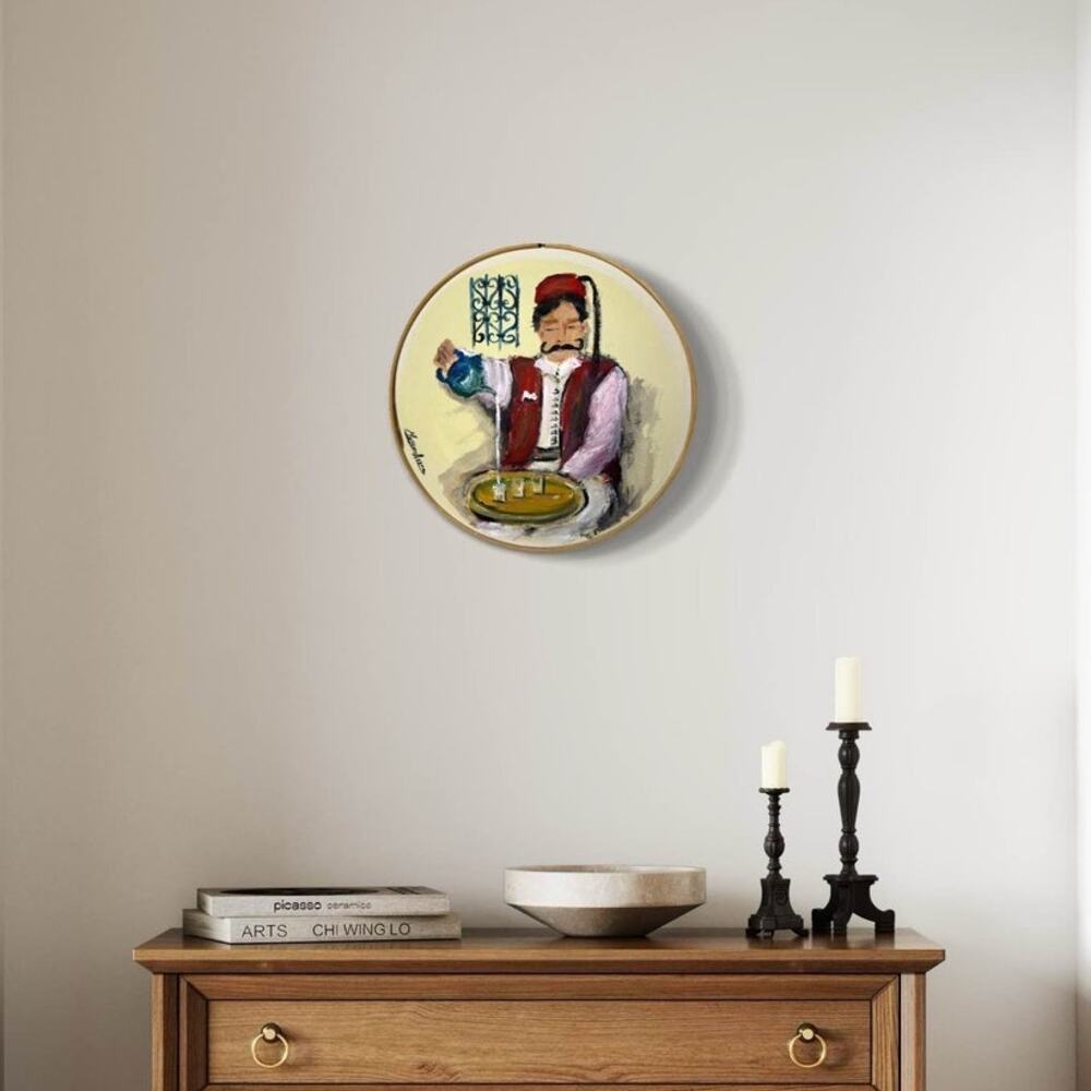Handcrafted Circular Canvas Art – Traditional Tea Pouring Scene